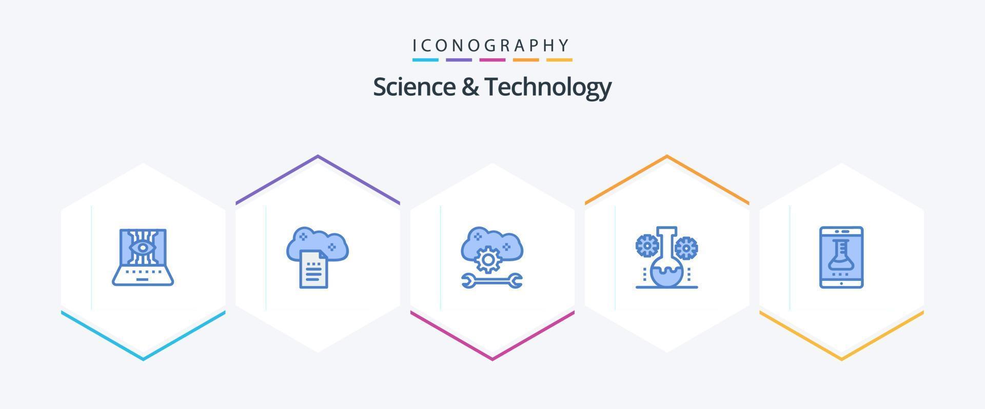 wetenschap en technologie 25 blauw icoon pak inclusief laboratorium beheer. beer laboratorium. online documenten. wolk synchroniseren instellingen. wolk onderhoud configure vector