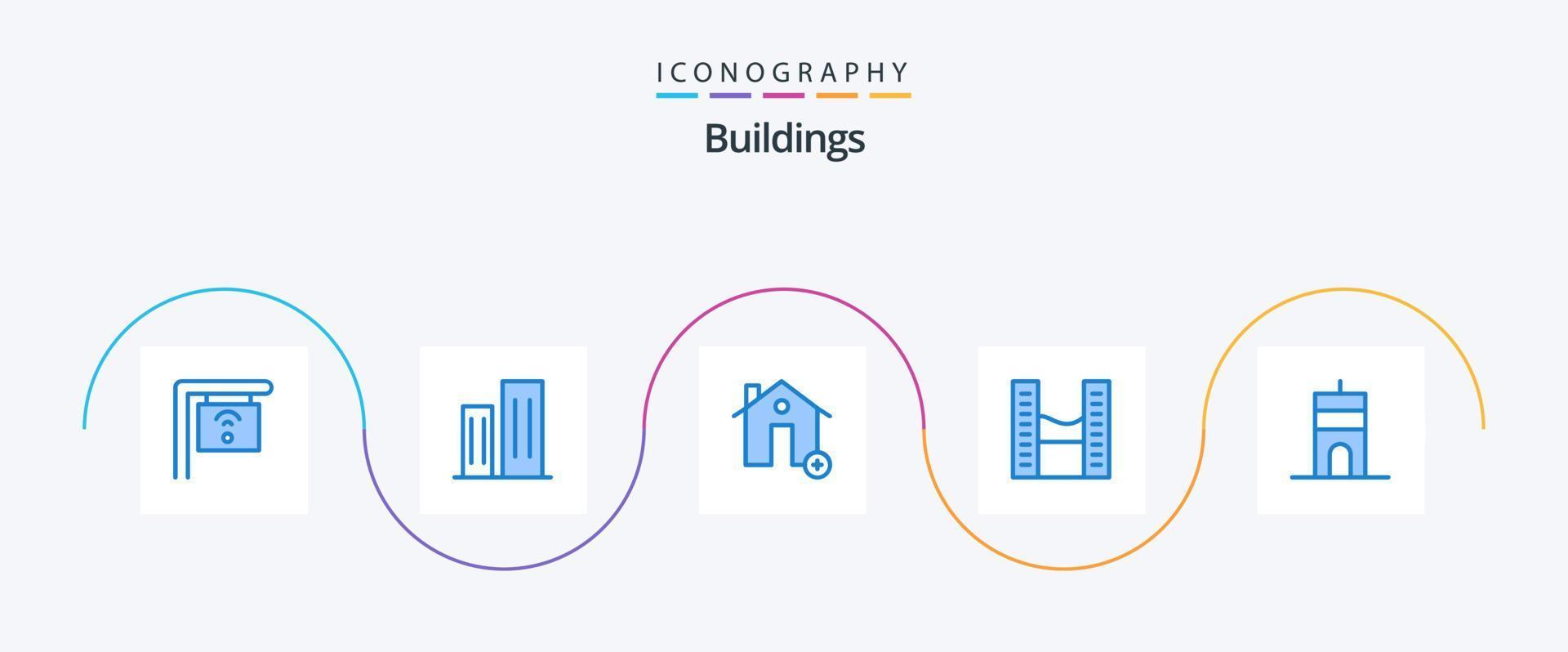 gebouwen blauw 5 icoon pak inclusief antenne. kantoor ruimte. toevoegen. modern. nieuw vector