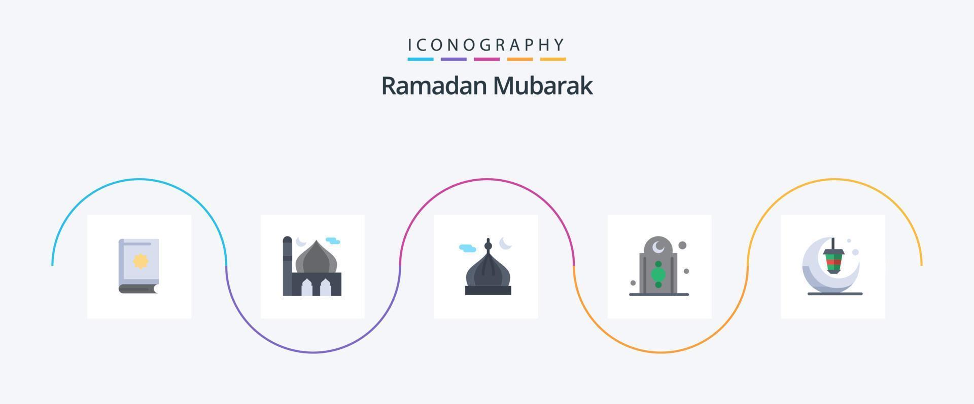 Ramadan vlak 5 icoon pak inclusief lamp. lantaarn. maan. moskee. Islam vector