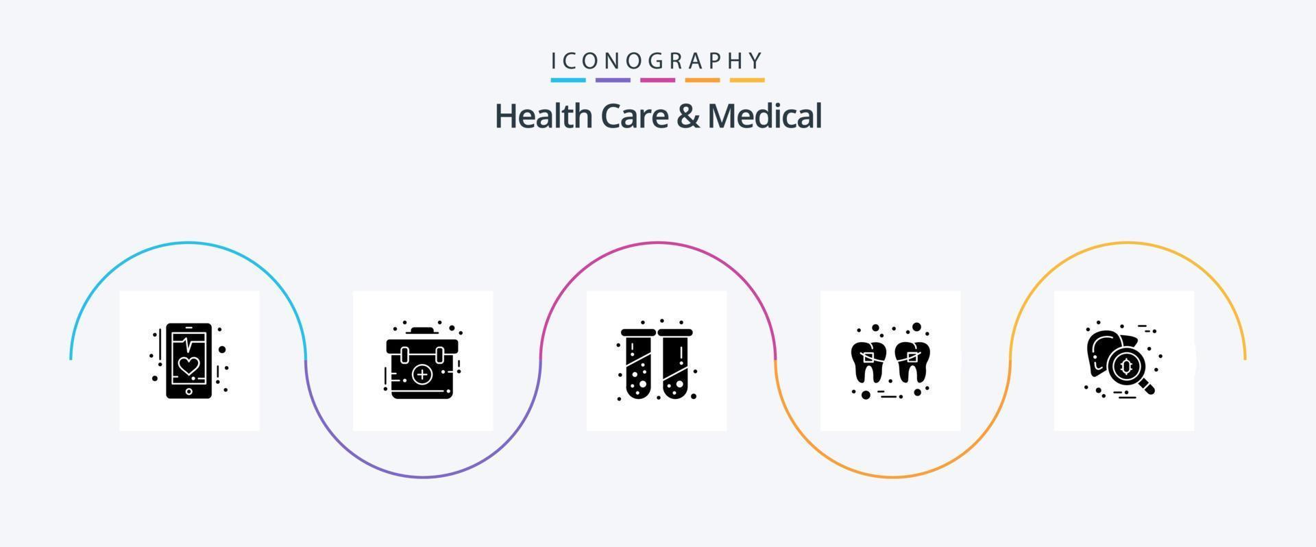 Gezondheid zorg en medisch glyph 5 icoon pak inclusief draad. Gezondheid. uitrusting. vulling. test buizen vector