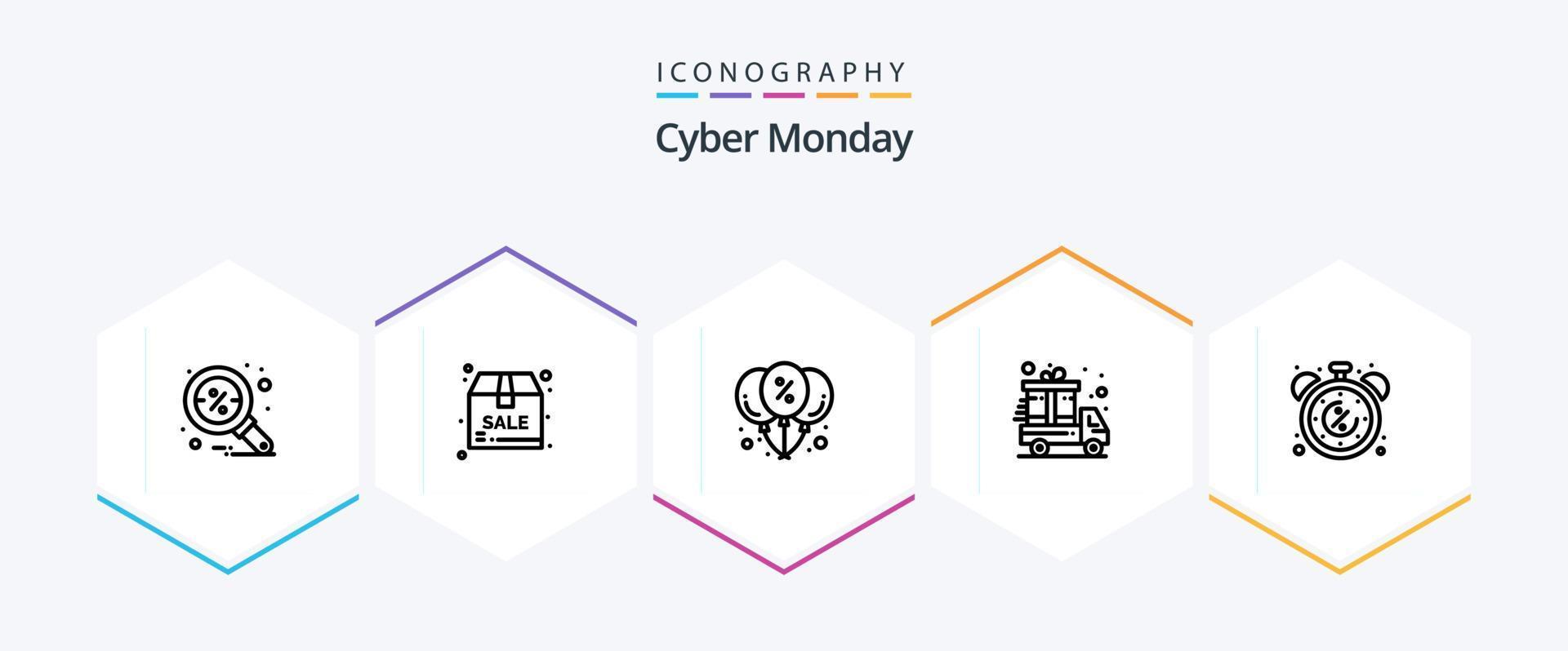 cyber maandag 25 lijn icoon pak inclusief cyber. korting. ballon. levering vrachtwagen. Cadeau vector
