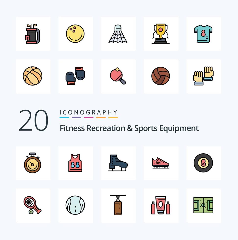 20 geschiktheid recreatie en sport- uitrusting lijn gevulde kleur icoon pak Leuk vinden bal spel bagageruimte basketbal het schaatsen vector