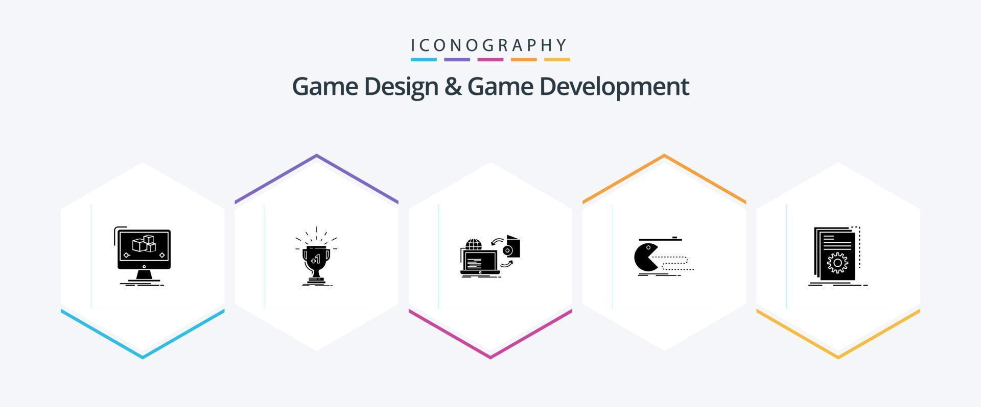 spel ontwerp en spel ontwikkeling 25 glyph icoon pak inclusief spel. karakter. prijs. publiceren. spel vector