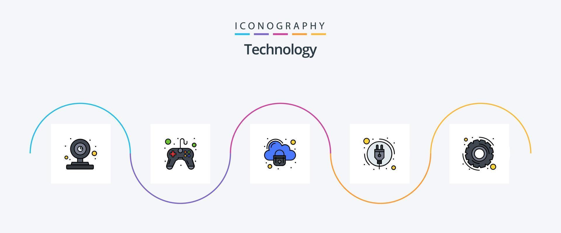 technologie lijn gevulde vlak 5 icoon pak inclusief instellingen. versnelling. veiligheid. stroom. energie consumptie vector