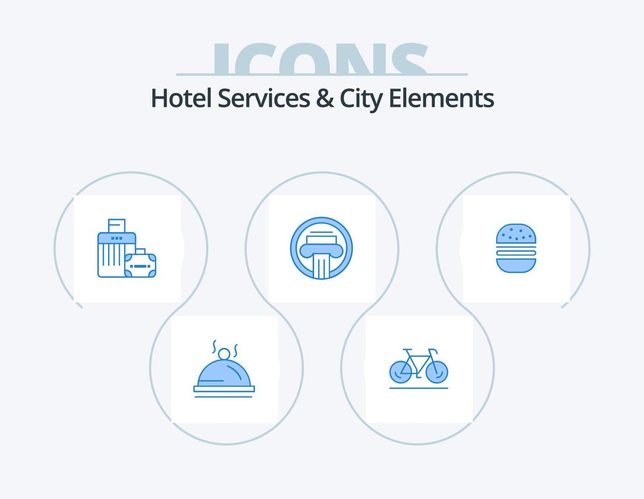 hotel Diensten en stad elementen blauw icoon pak 5 icoon ontwerp. hamburger. decoratie. bagage. gebouw. kolom vector