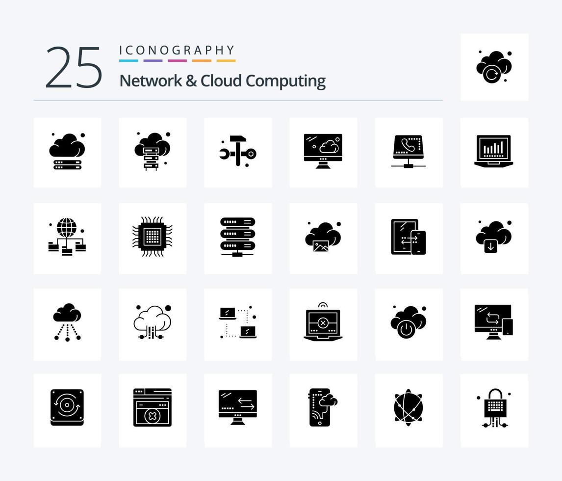 netwerk en wolk berekenen 25 solide glyph icoon pak inclusief computergebruik. computergebruik. wolk. online. handset vector