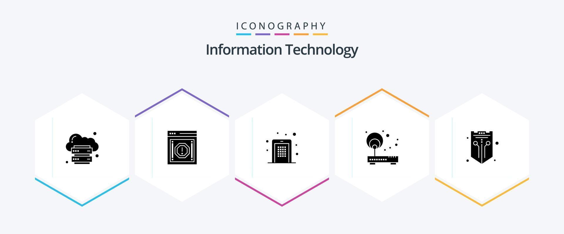 informatie technologie 25 glyph icoon pak inclusief netwerk. toegang. kennisgeving. pin code. mobiel vector