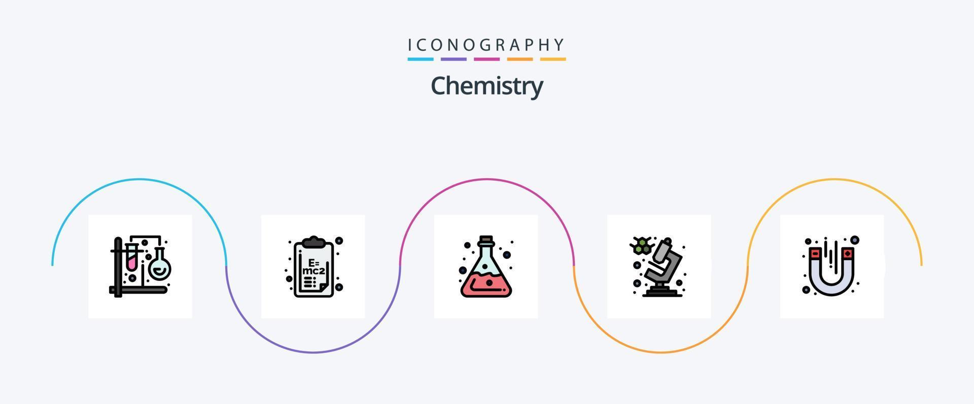 chemie lijn gevulde vlak 5 icoon pak inclusief laboratorium. microscoop. klem bord. chemie. zuur vector