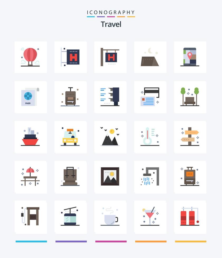 creatief reizen 25 vlak icoon pak zo net zo paspoort. navigatie. camping. plaats. app vector