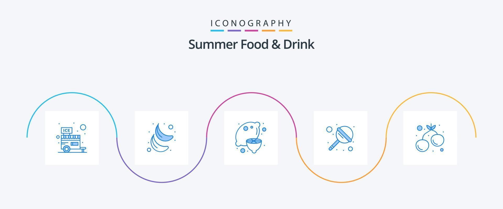 zomer voedsel en drinken blauw 5 icoon pak inclusief kers. lolly. voedsel. lolly. sap vector