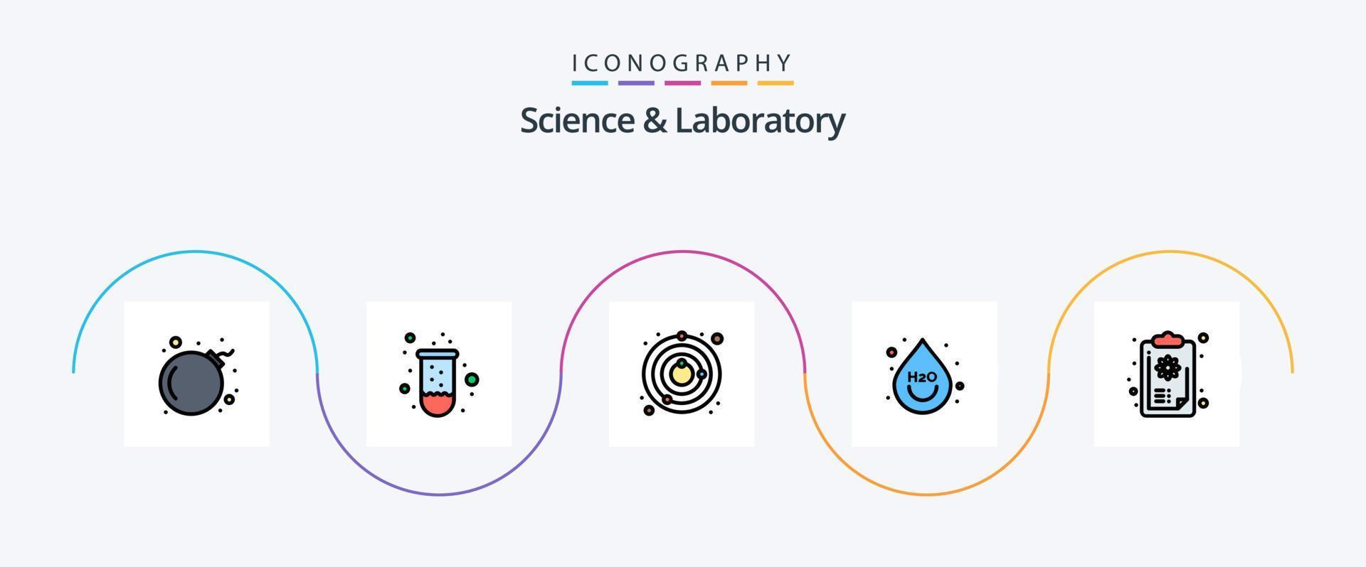 wetenschap lijn gevulde vlak 5 icoon pak inclusief kennis. klembord. satelliet. water. drinken vector