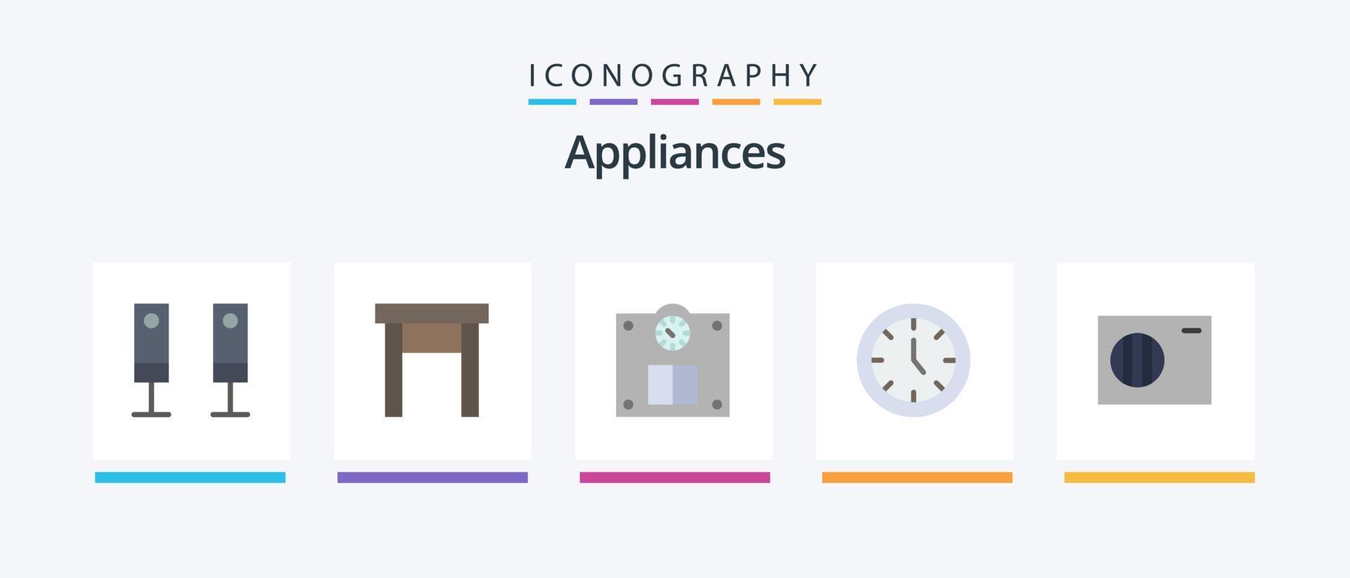 huishoudelijke apparaten vlak 5 icoon pak inclusief buitenshuis. lucht. vloer. tijd. meubilair. creatief pictogrammen ontwerp vector