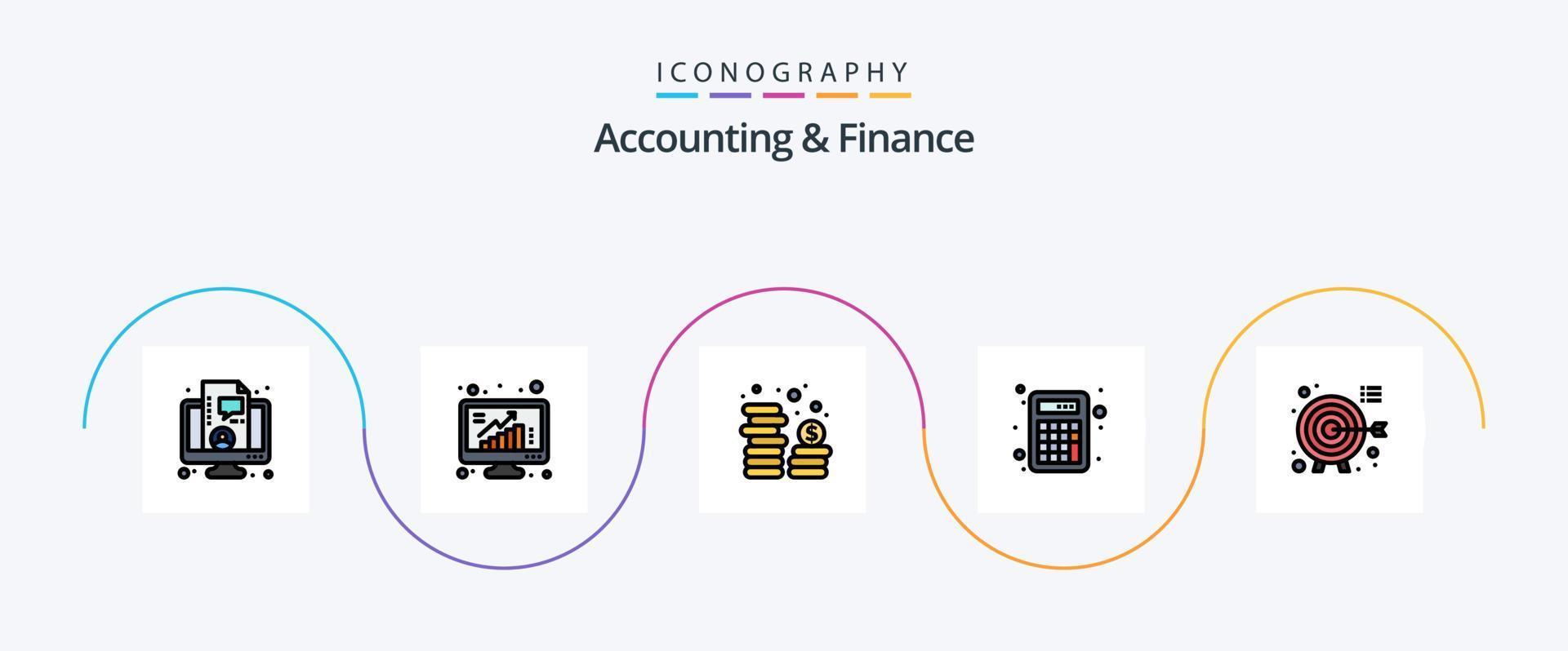 accounting en financiën lijn gevulde vlak 5 icoon pak inclusief darts. wiskunde. gegevens. rekenmachine. valuta vector