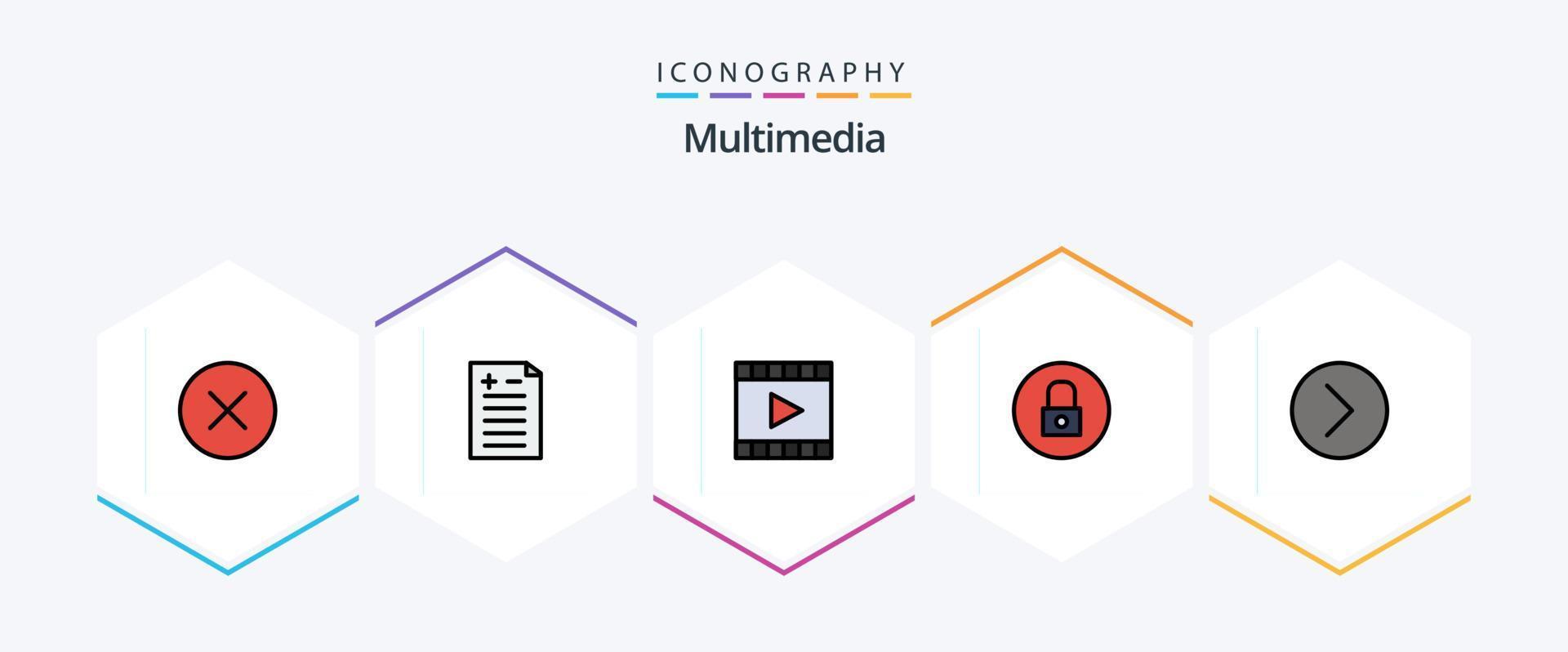 multimedia 25 gevulde lijn icoon pak inclusief media. multimediaal. media speler. media speler. slot vector