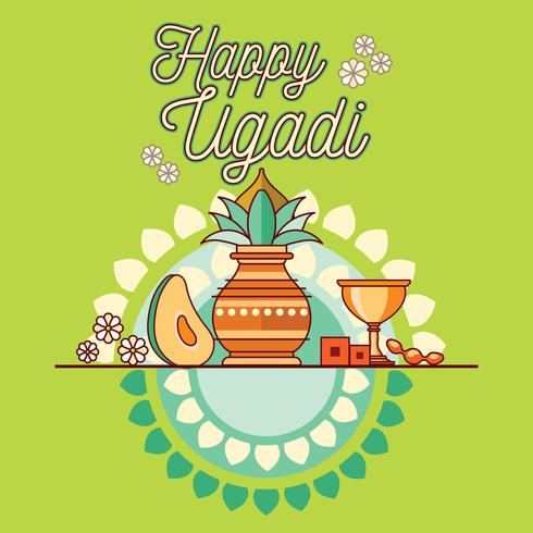 Vrolijke ugadi. Sjabloon Wenskaart Traditionele feestelijke Indiaas eten. Minimalistische stijl vector