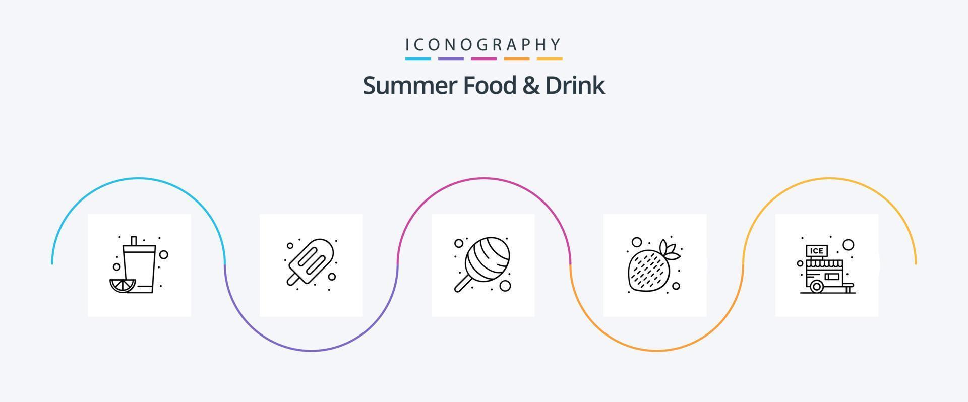 zomer voedsel en drinken lijn 5 icoon pak inclusief kraam. room. snoep. winkel. gezond vector