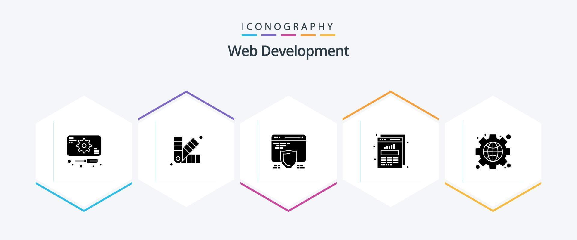 web ontwikkeling 25 glyph icoon pak inclusief koppel. web statistieken. bescherming. grafiek. tabel vector