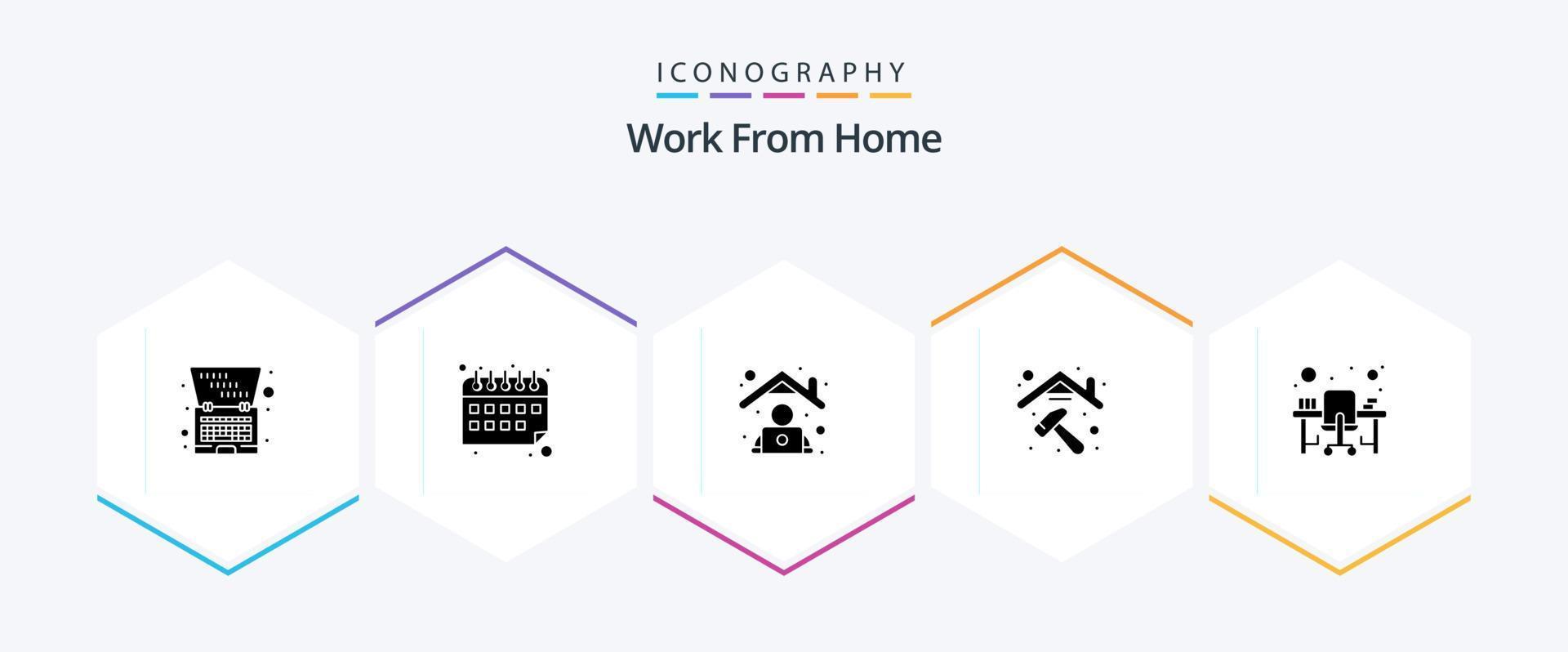 werk van huis 25 glyph icoon pak inclusief monitor. computer tafel. medewerker. vernieuwing. bouw vector