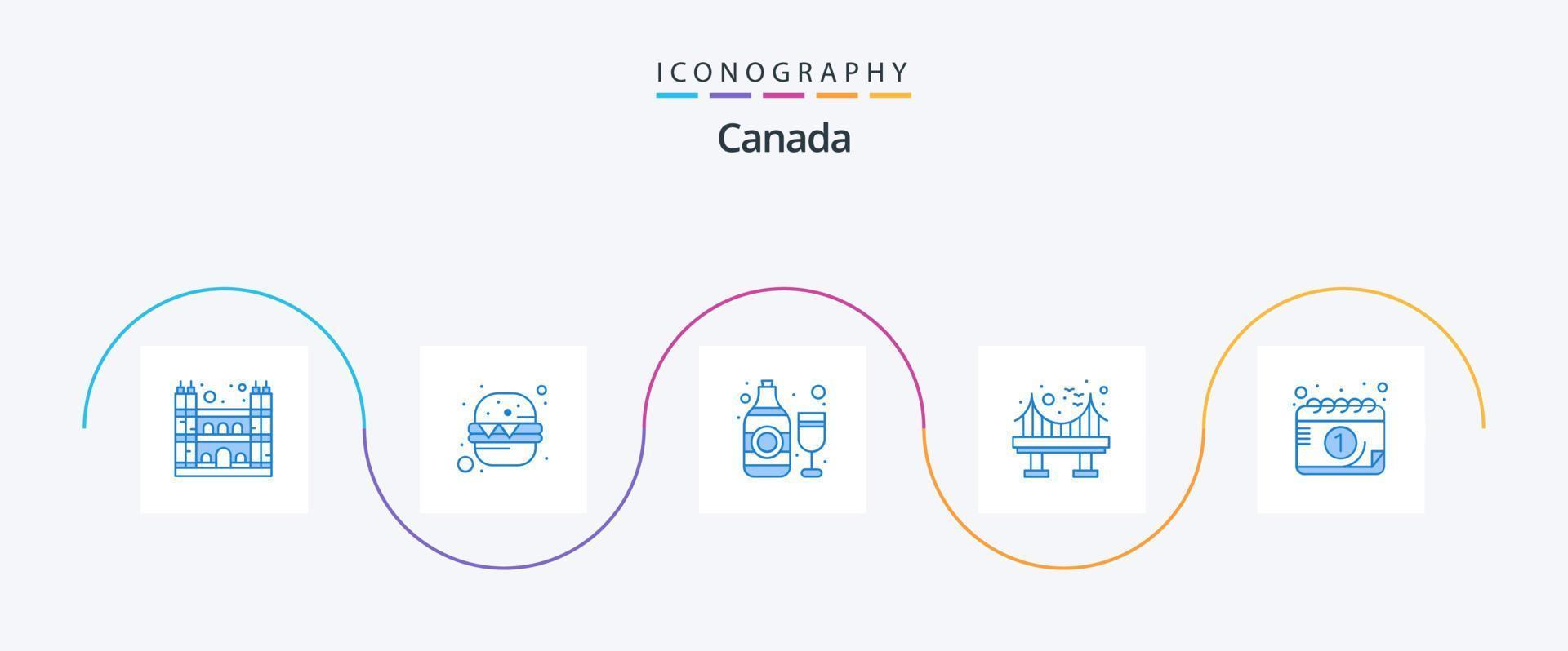 Canada blauw 5 icoon pak inclusief juli. alcohol. Canada brug. architectuur vector