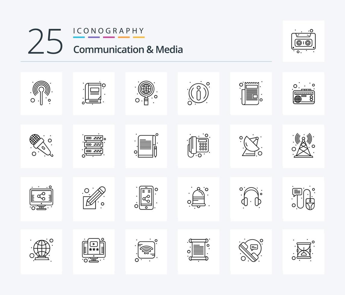 communicatie en media 25 lijn icoon pak inclusief krant. informatie. dossier. informatie. wereldbol vector