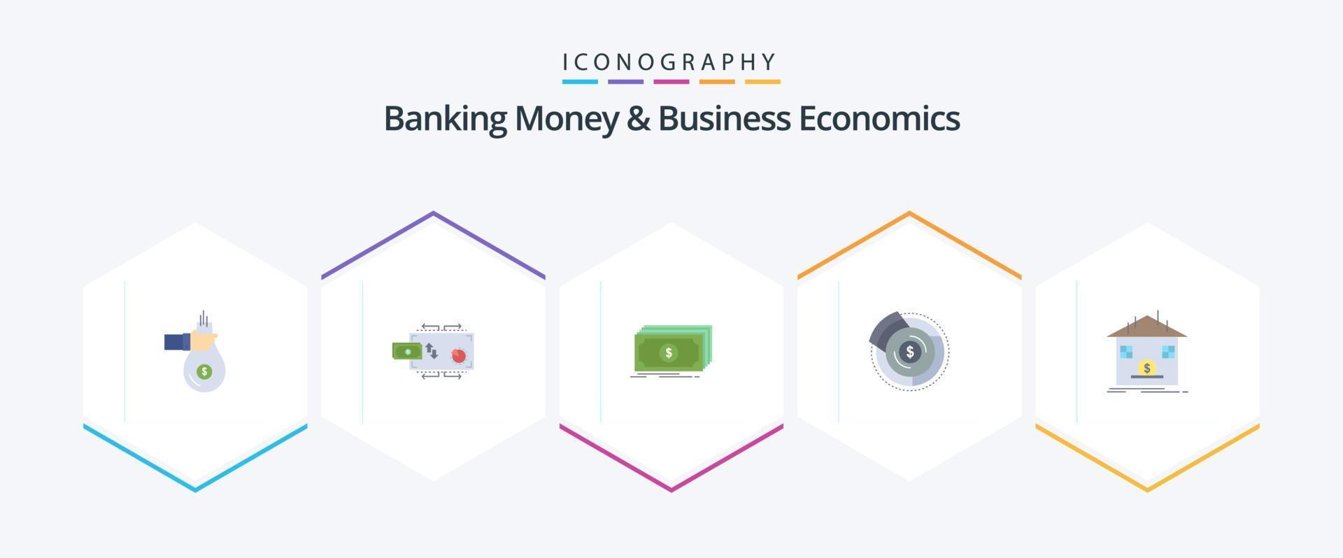 bank geld en bedrijf economie 25 vlak icoon pak inclusief begroting. geld. marketing. fondsen. dollar vector