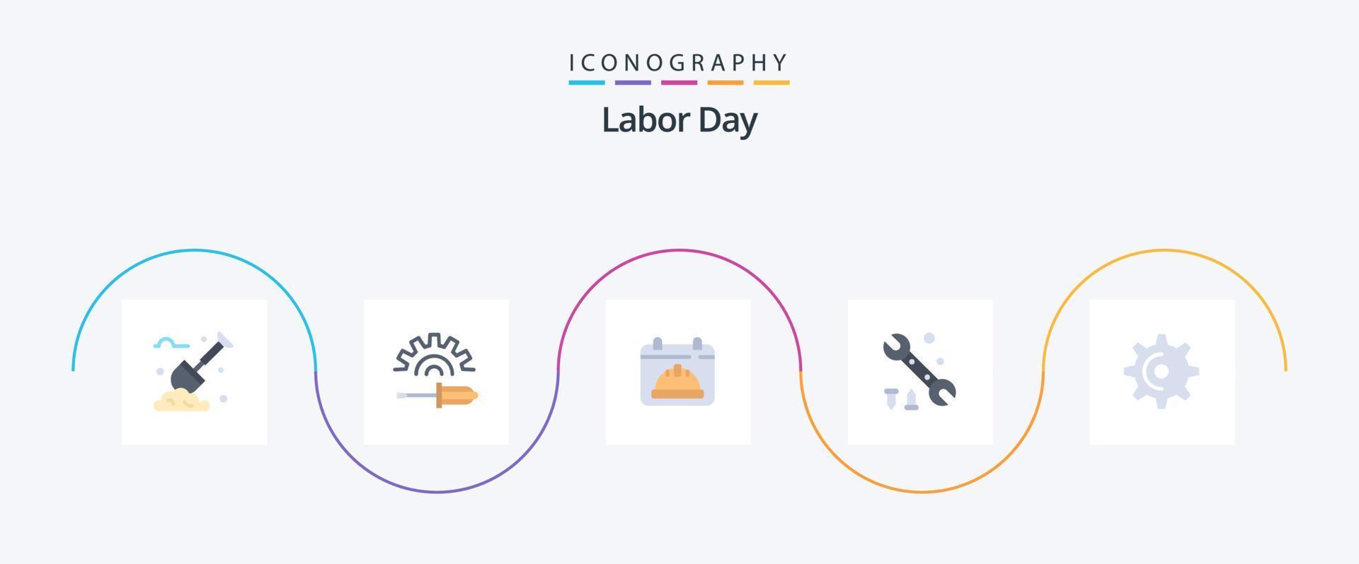 arbeid dag vlak 5 icoon pak inclusief draaien. wiel. kalender. hulpmiddel. moersleutel vector