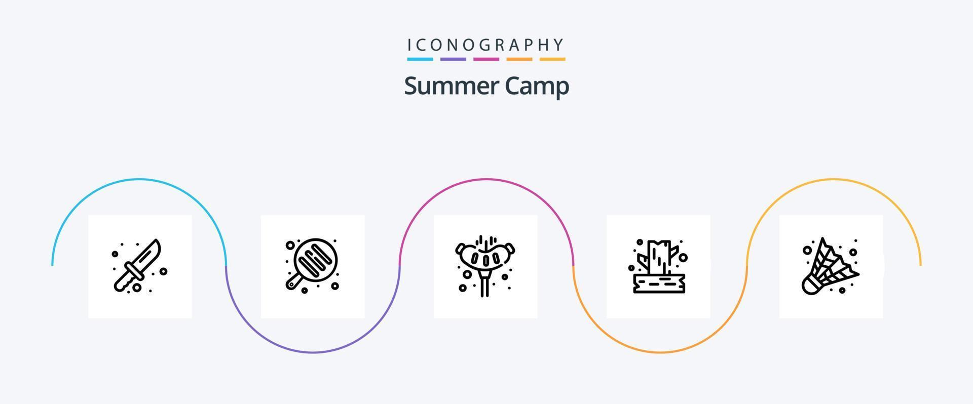 zomer kamp lijn 5 icoon pak inclusief spel. badminton. varkensvlees. hout. camping vector