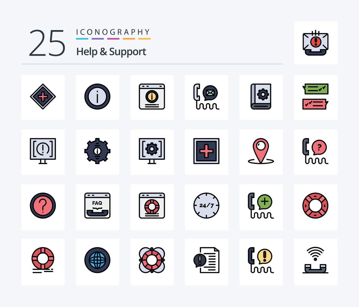 helpen en ondersteuning 25 lijn gevulde icoon pak inclusief e-mail. communicatie. teken. steun. babbelen alarm vector