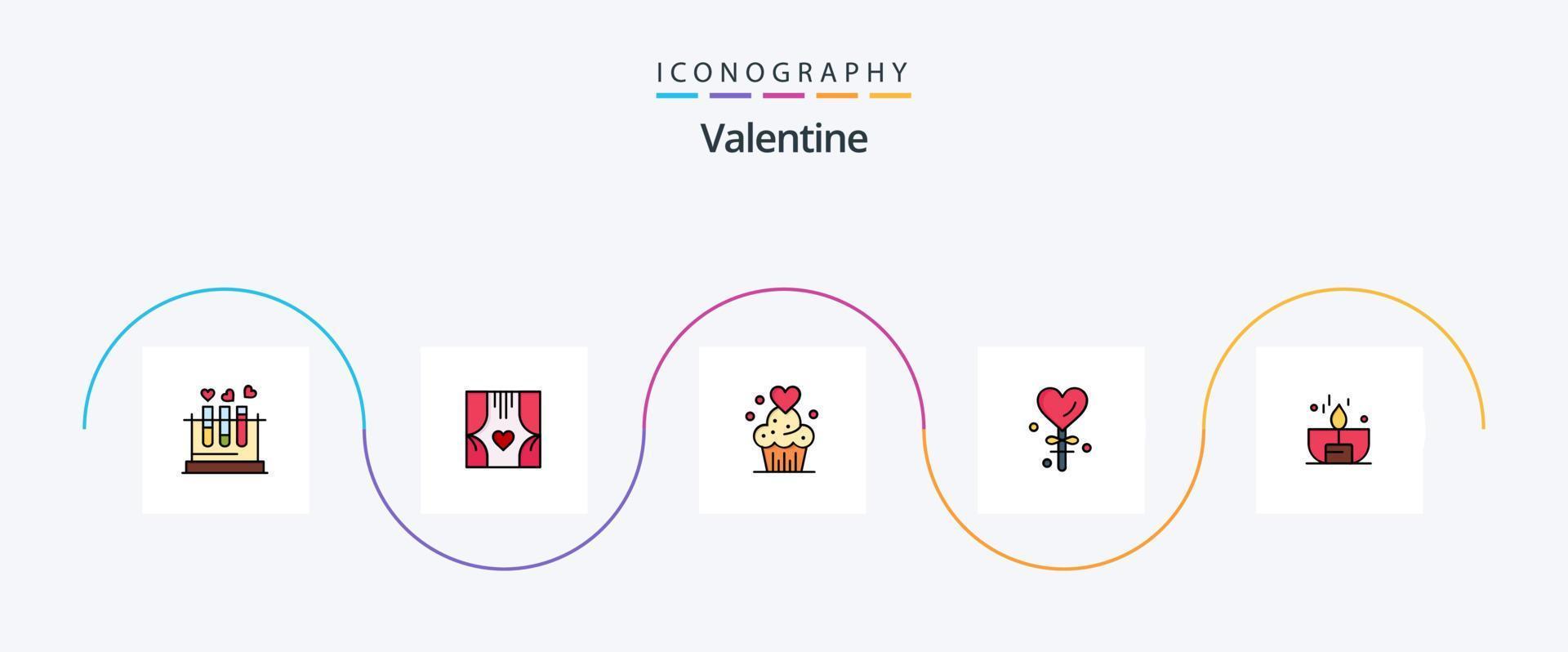 Valentijn lijn gevulde vlak 5 icoon pak inclusief valentijnsdag dag. hart. liefde. snoepgoed. muffins vector