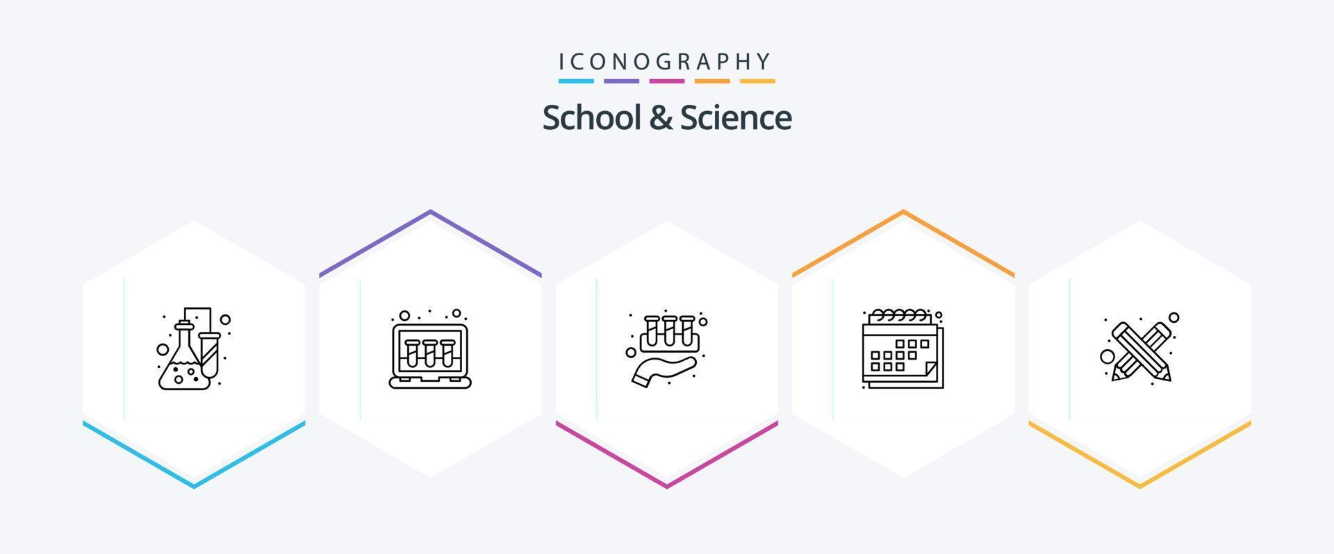 school- en wetenschap 25 lijn icoon pak inclusief componeren. schema. chemisch. datum. afspraak vector