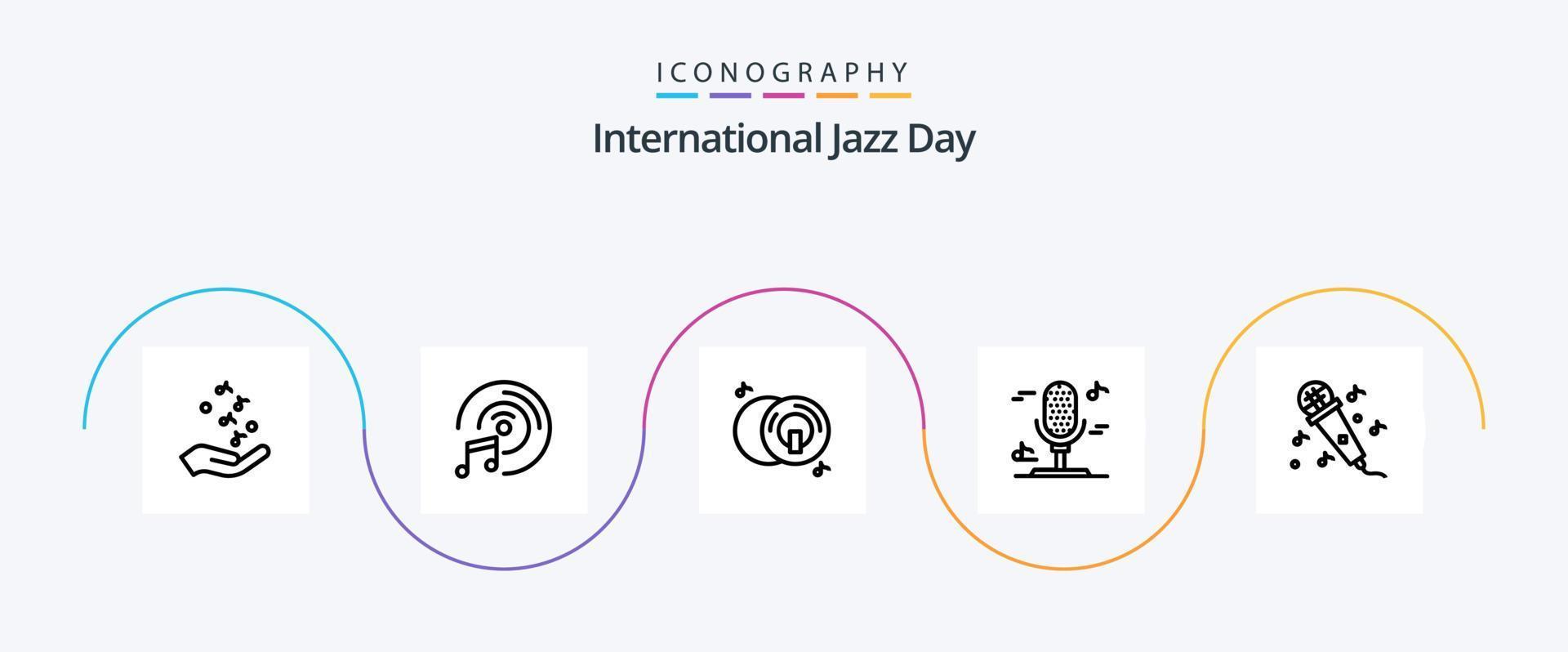 Internationale jazz- dag lijn 5 icoon pak inclusief microfoon . muziek- . multimediaal. DVD vector
