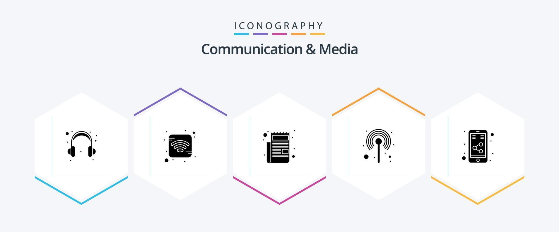 communicatie en media 25 glyph icoon pak inclusief deel. internetten. papier. stellage. netwerk vector