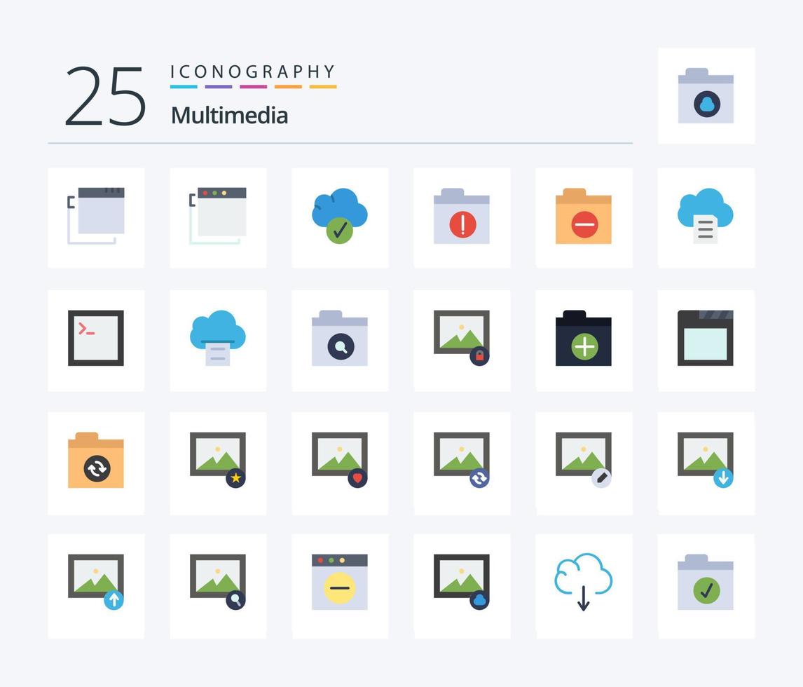 multimedia 25 vlak kleur icoon pak inclusief code. gegevens. bestanden. wolk. detail vector