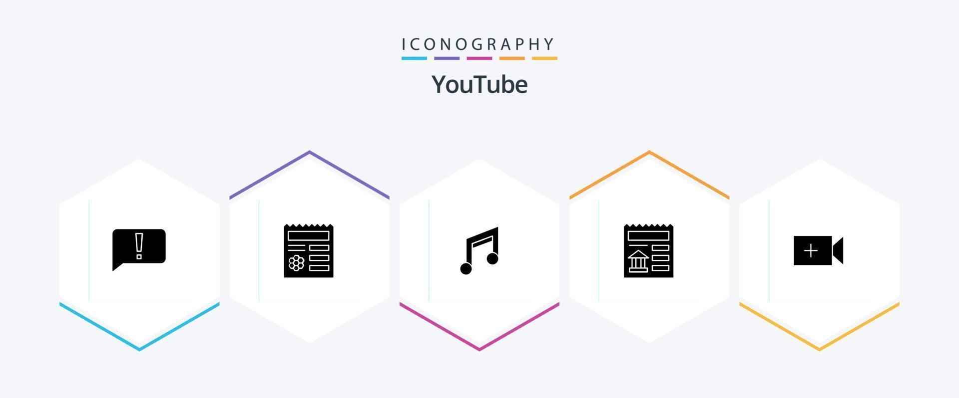 youtube 25 glyph icoon pak inclusief video. ui. app. document. muziek- vector