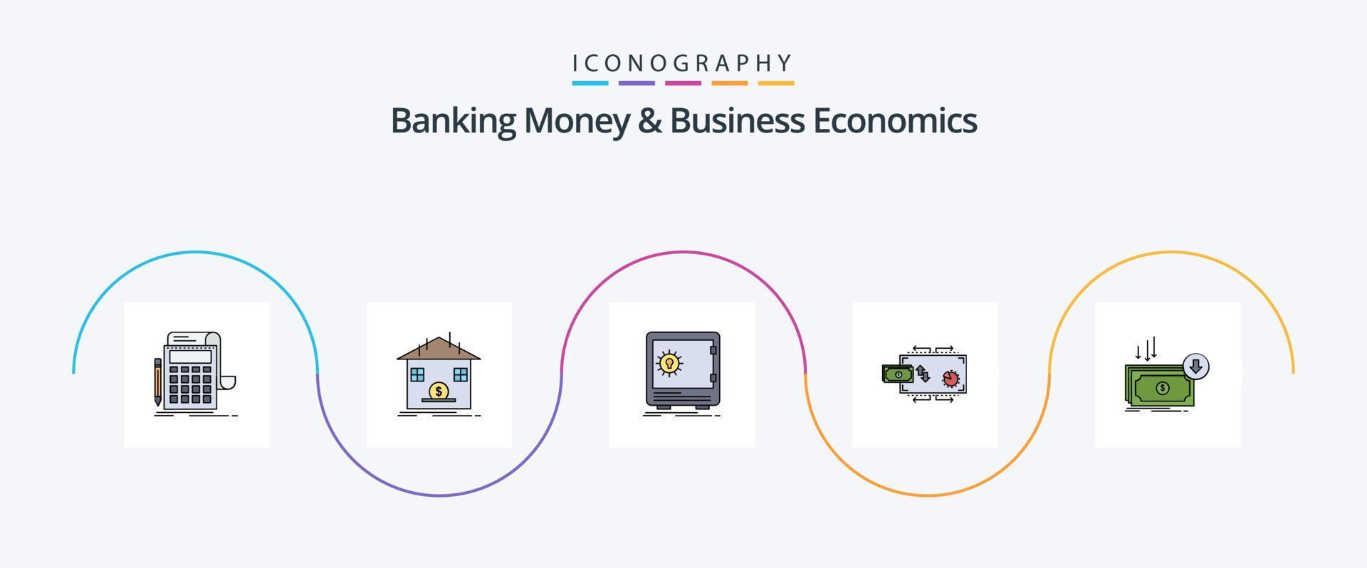 bank geld en bedrijf economie lijn gevulde vlak 5 icoon pak inclusief marketing. financiën. terugbetaling. kluis. veilig vector