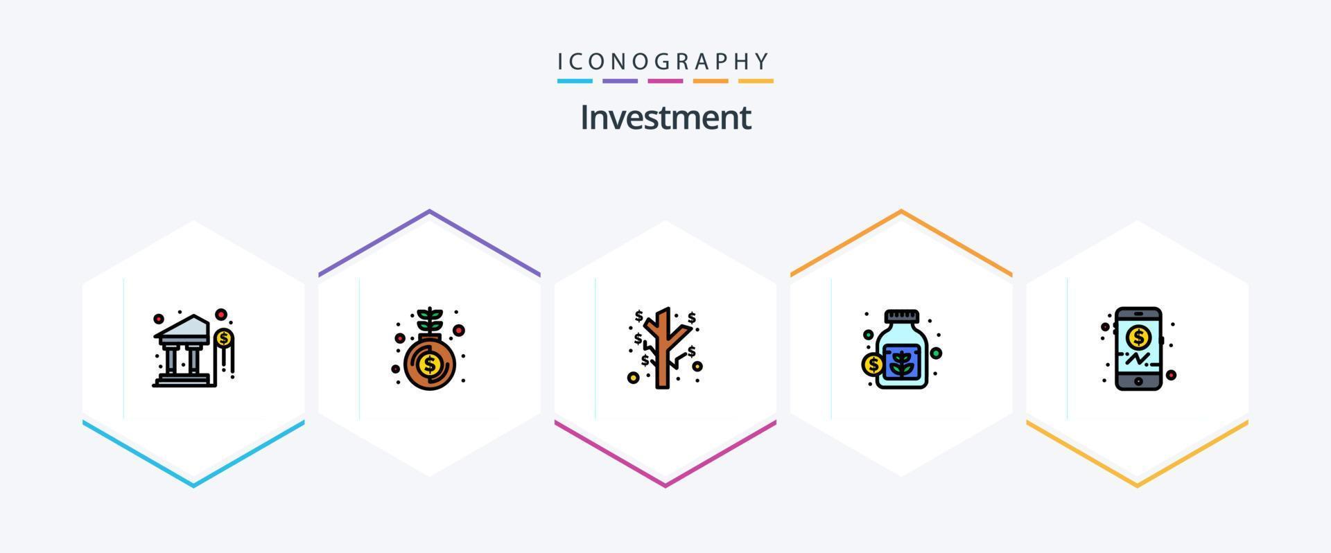 investering 25 gevulde lijn icoon pak inclusief mobiel. bankieren. verdiensten. besparingen. pot vector