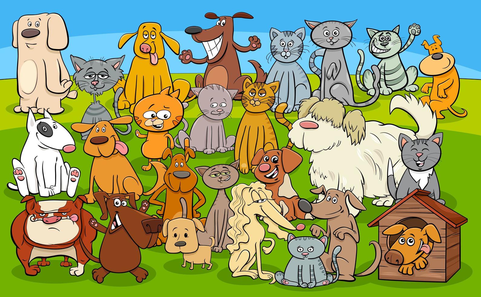 cartoon honden en katten stripfiguren groep vector