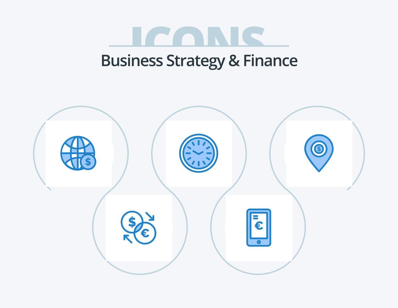 bedrijf strategie en financiën blauw icoon pak 5 icoon ontwerp. plaats. muur. winkelen. klok. geld vector