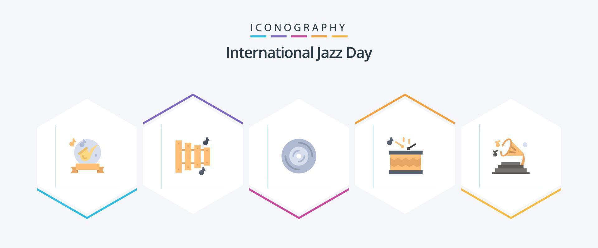 Internationale jazz- dag 25 vlak icoon pak inclusief geluid. stokken. schijf. muziek. trommel vector