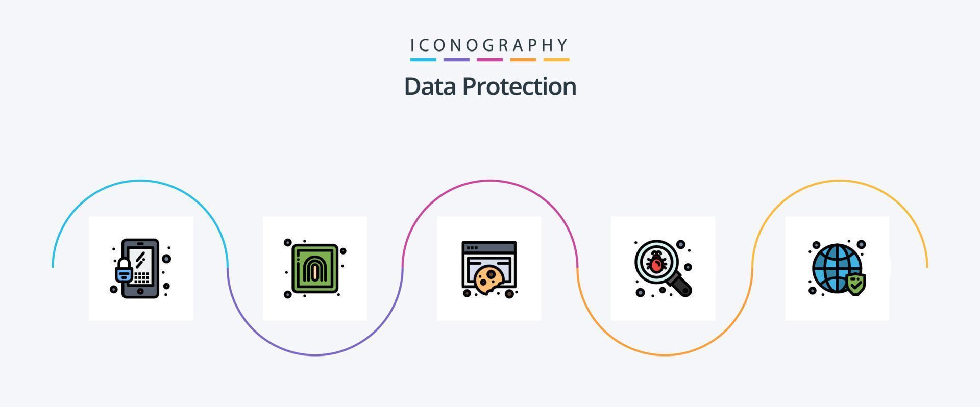 gegevens bescherming lijn gevulde vlak 5 icoon pak inclusief zeker. veiligheid. koekjes. zoeken. kever vector