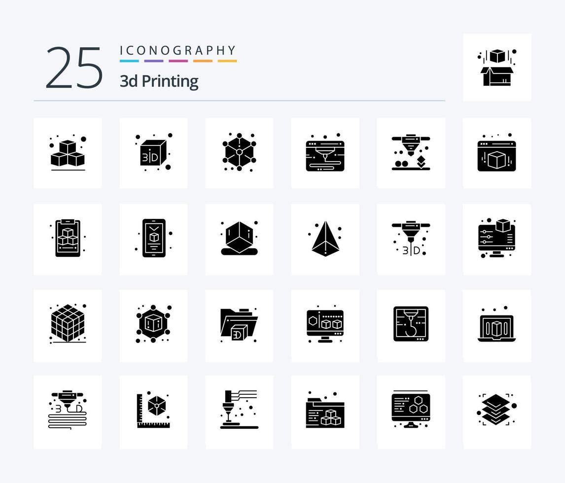 3d het drukken 25 solide glyph icoon pak inclusief klembordd. kubus. webd. doos. laser sinteren vector