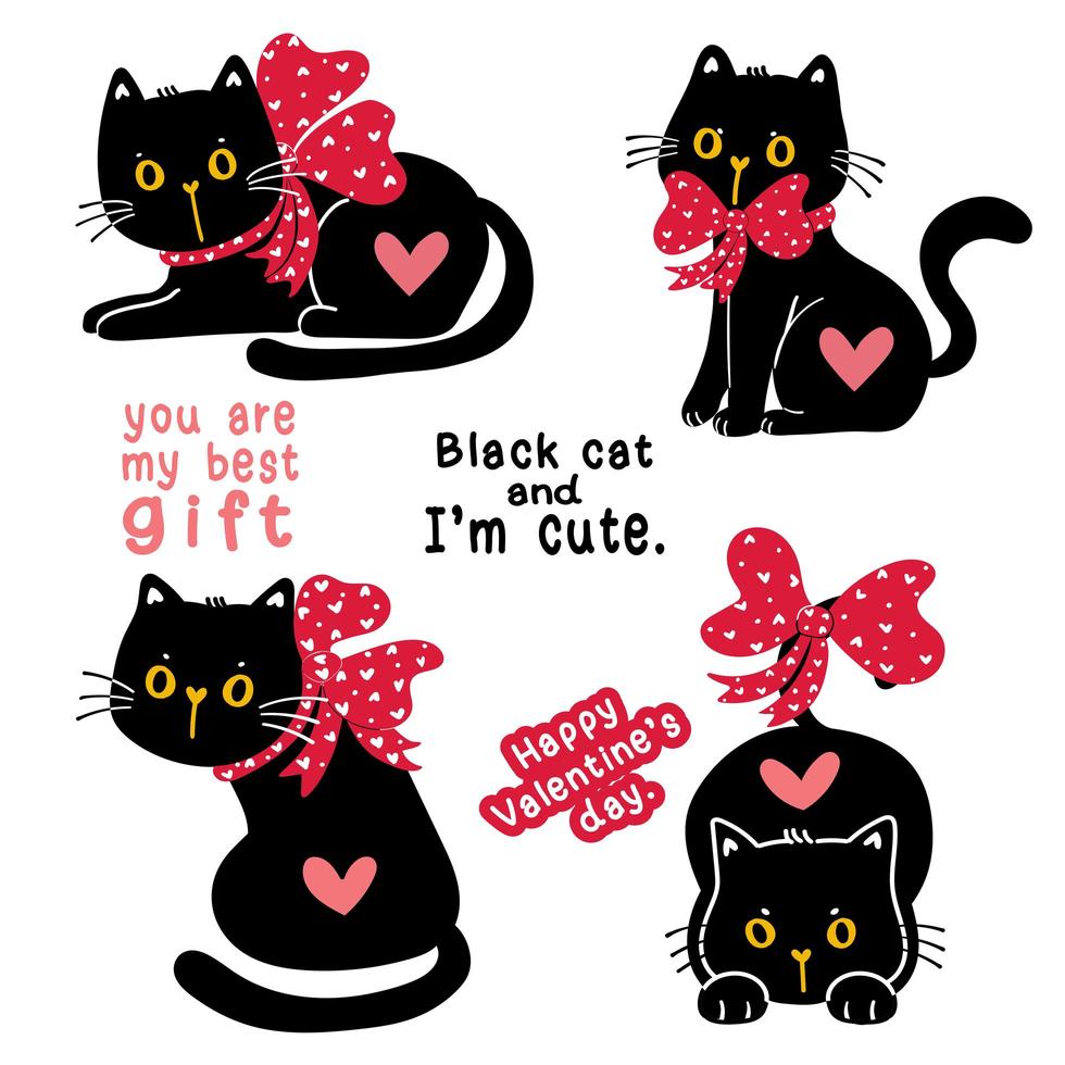 schattig valentijn zwarte kat kitten met rood lint boog vakantie cadeau collectie set, doodle illustratie illustraties vector