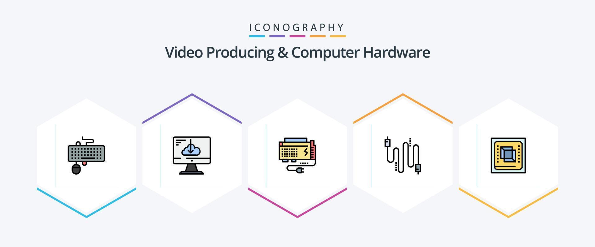 video produceren en computer hardware 25 gevulde lijn icoon pak inclusief kabels. geluid. installeren. bron. computer vector