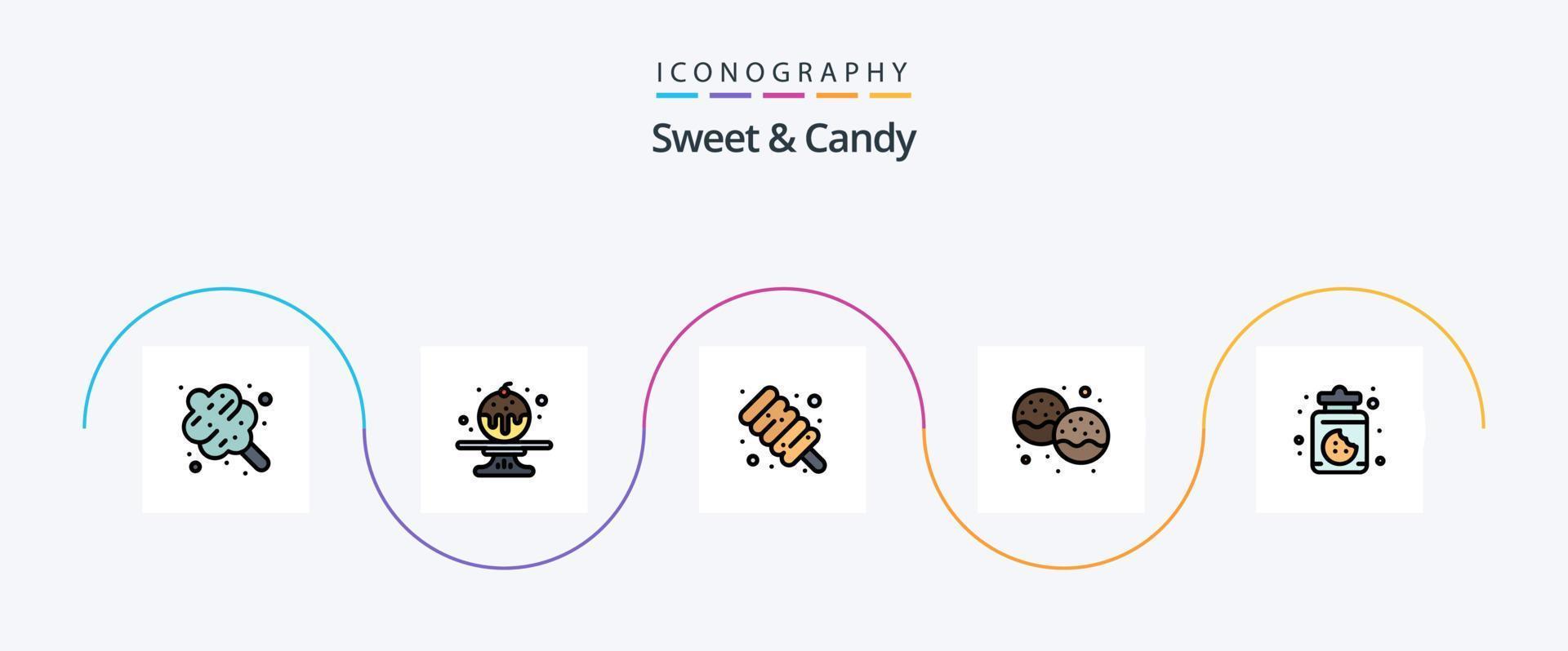 zoet en snoep lijn gevulde vlak 5 icoon pak inclusief snoepgoed. nagerecht. heemst. voedsel. donut vector
