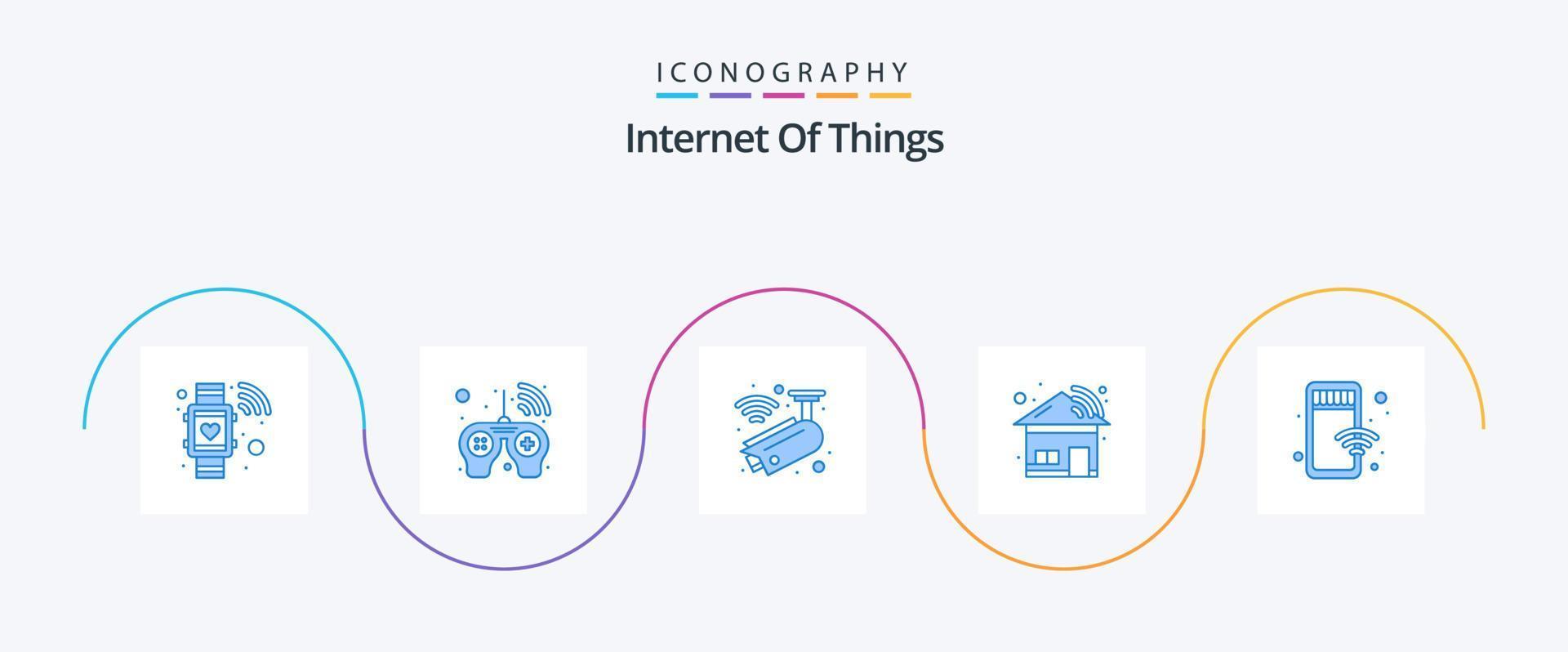 internet van dingen blauw 5 icoon pak inclusief winkel. mobiel. camera. slim. huis vector