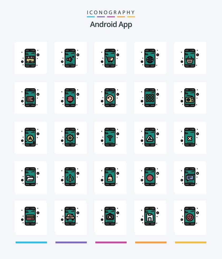 creatief android app 25 lijn gevulde icoon pak zo net zo kopen. mobiel. mand. wereldbol. app vector