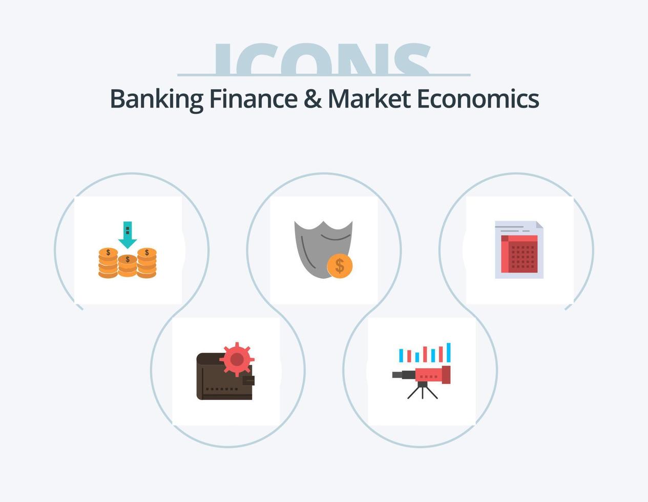 bank financiën en markt economie vlak icoon pak 5 icoon ontwerp. omlaag. contant geld. bedrijf. munten. neiging vector