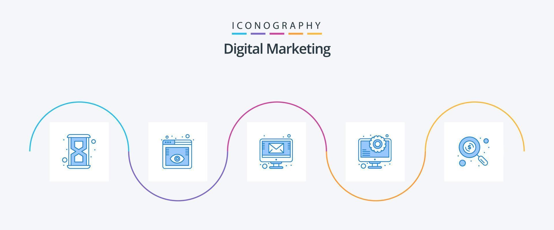 digitaal afzet blauw 5 icoon pak inclusief Onderzoek. seo. e-mail. optimalisatie. blog vector