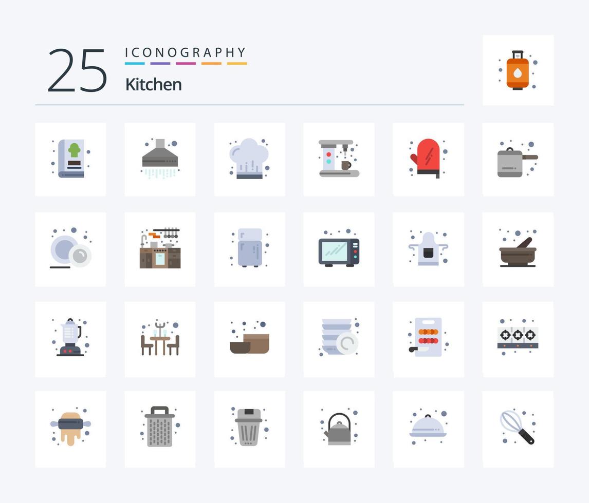 keuken 25 vlak kleur icoon pak inclusief handschoen. Koken. koken. maker. koffie vector