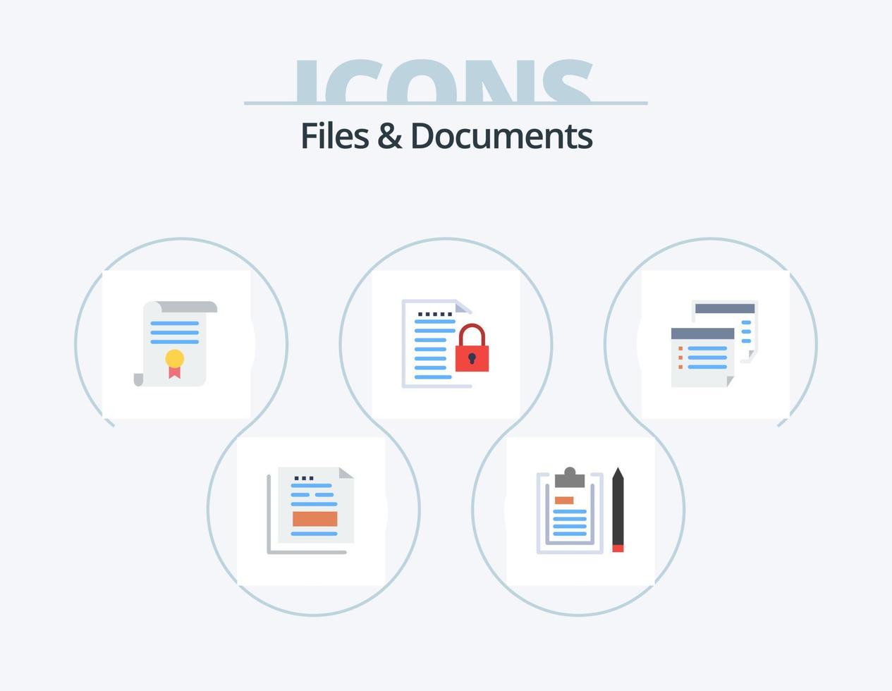 bestanden en documenten vlak icoon pak 5 icoon ontwerp. het dossier. gegevens. kladblok. onderwijs. diploma vector